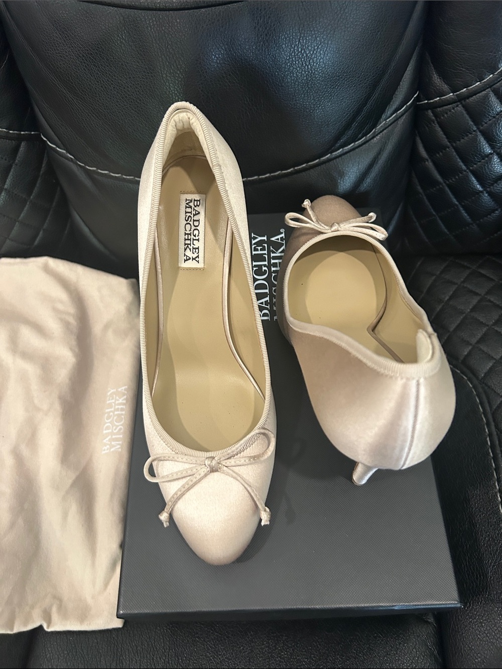 Badgley Mischka Nude Satin Bow Ballet Flats